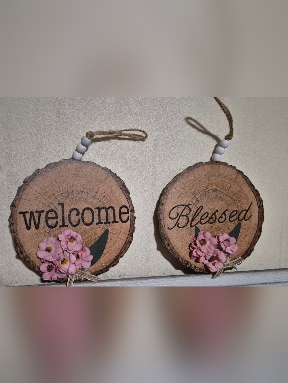 Wooden 'Welcome' & 'Bless' Wall Decor Signs with Pink Flowers